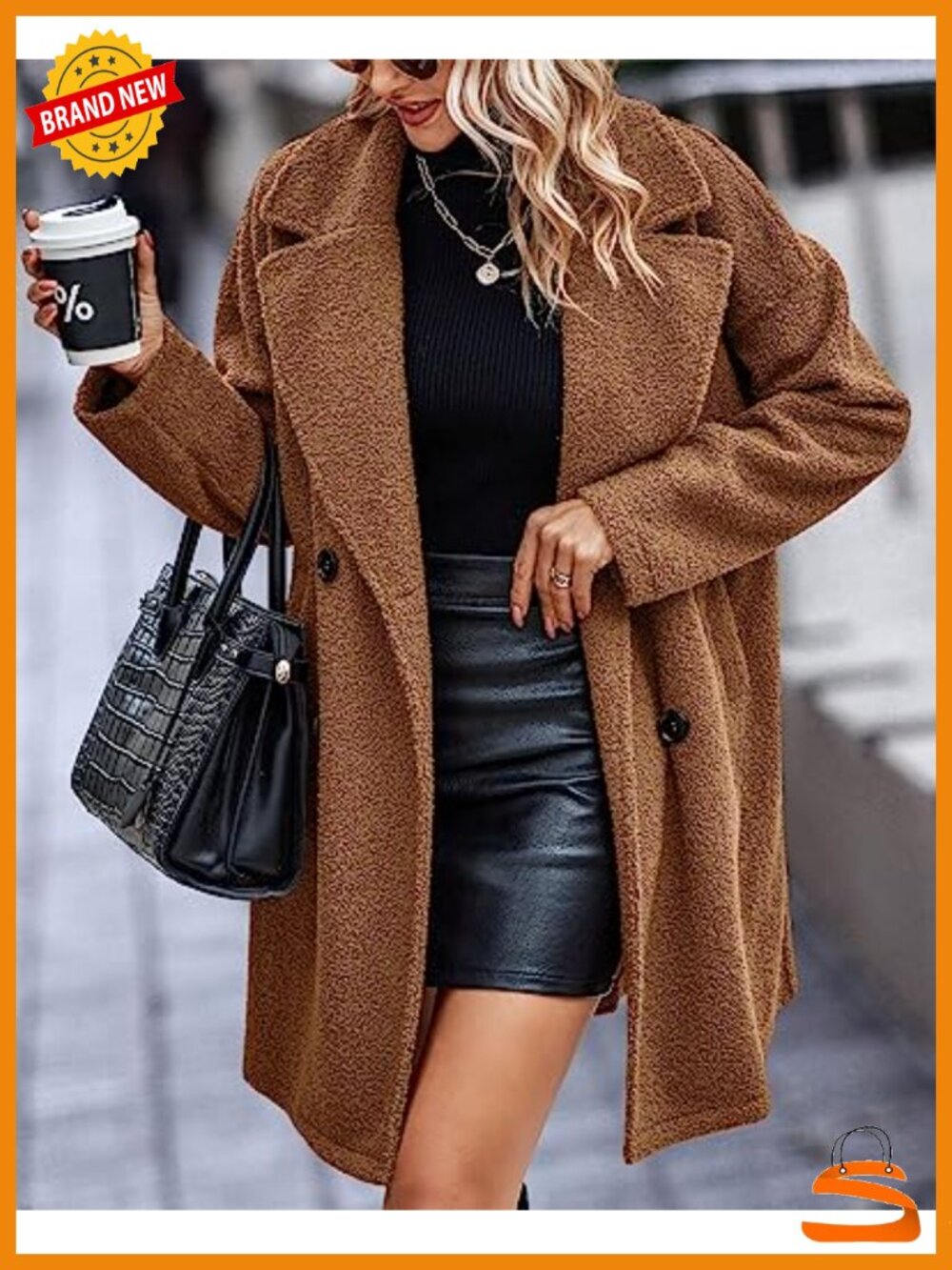 Women Faux Fur Sherpa Coat Notched Lapel Double Breasted Winter Jacket - Picture 2 of 6